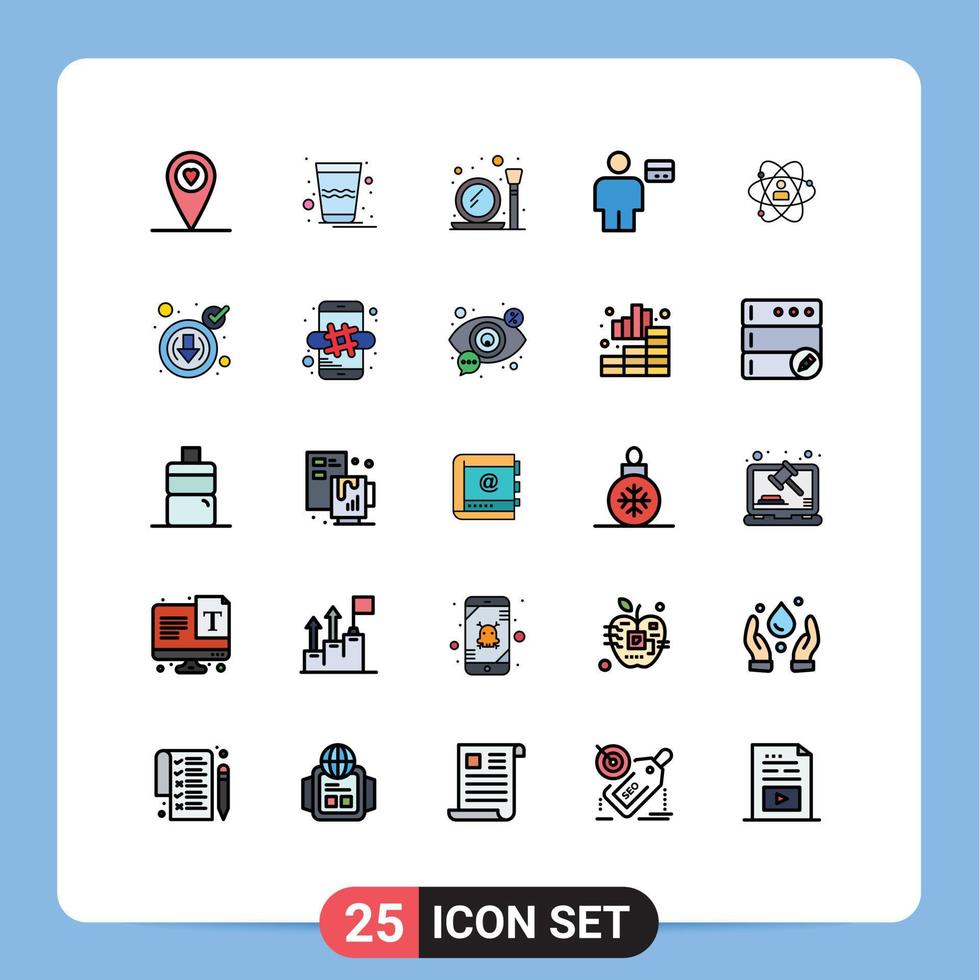conjunto de cores planas de linha cheia de interface móvel de 25 pictogramas de elementos de design de vetores editáveis de cartão de débito de espelho de desenvolvimento humano