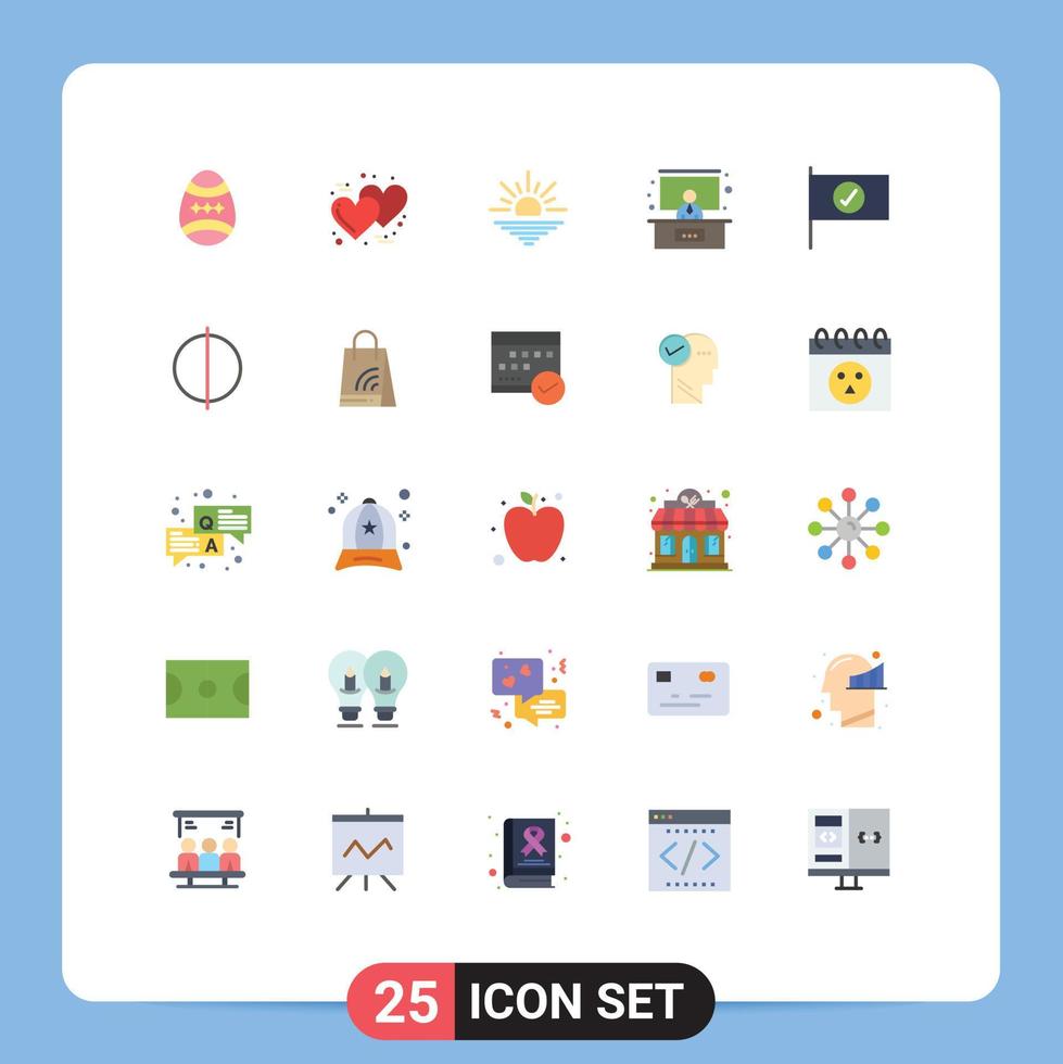 conjunto de pictogramas de 25 cores planas simples de elementos de design de vetores editáveis de conferência de seminário de sol verificados