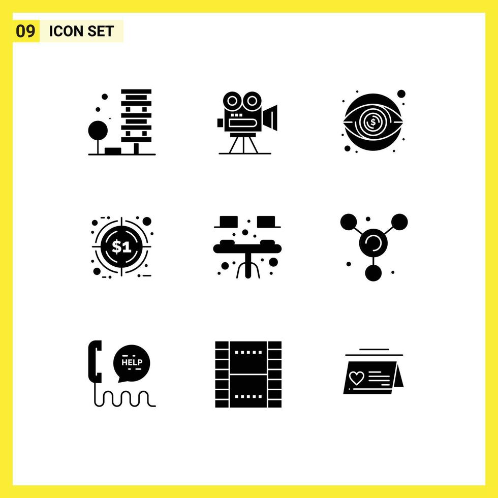 conjunto de glifos sólidos de interface móvel de 9 pictogramas de filme de caça ao alvo, desconto, visibilidade, elementos de design de vetores editáveis