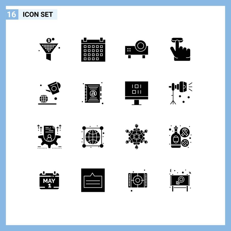pacote de linha vetorial editável de 16 glifos sólidos simples do dia gesto multimídia dedo projetor de vídeo elementos de design vetorial editável vetor