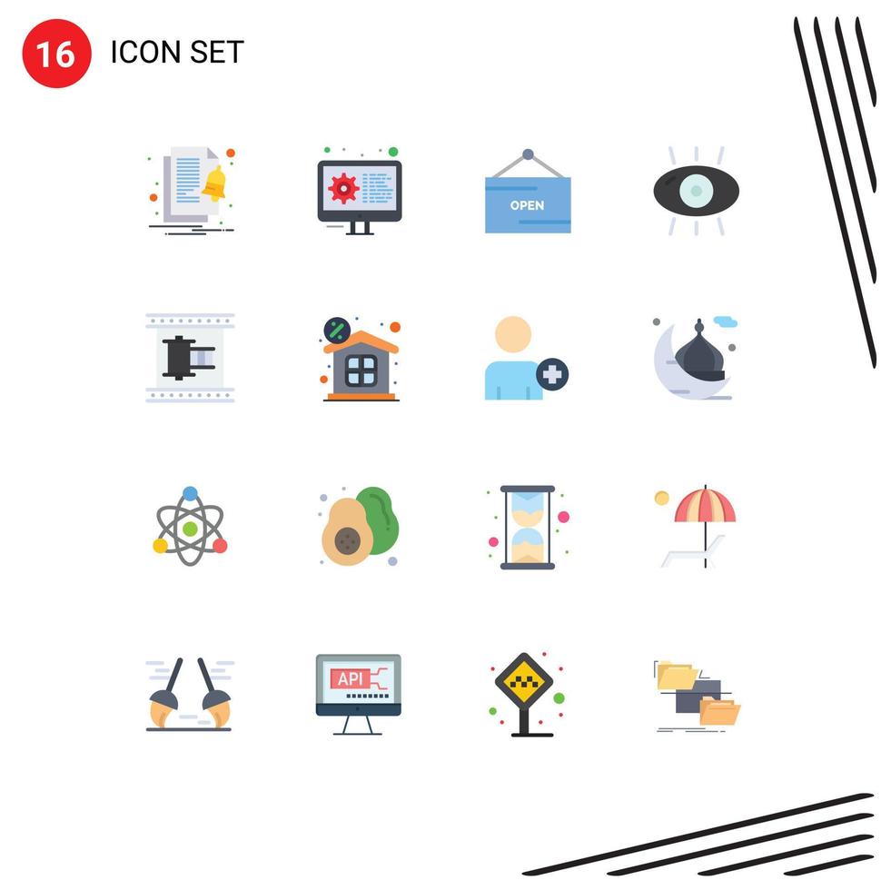 pacote de 16 sinais e símbolos modernos de cores planas para mídia impressa na web, como cinema, comércio, doença, fitness, pacote editável de elementos de design de vetores criativos