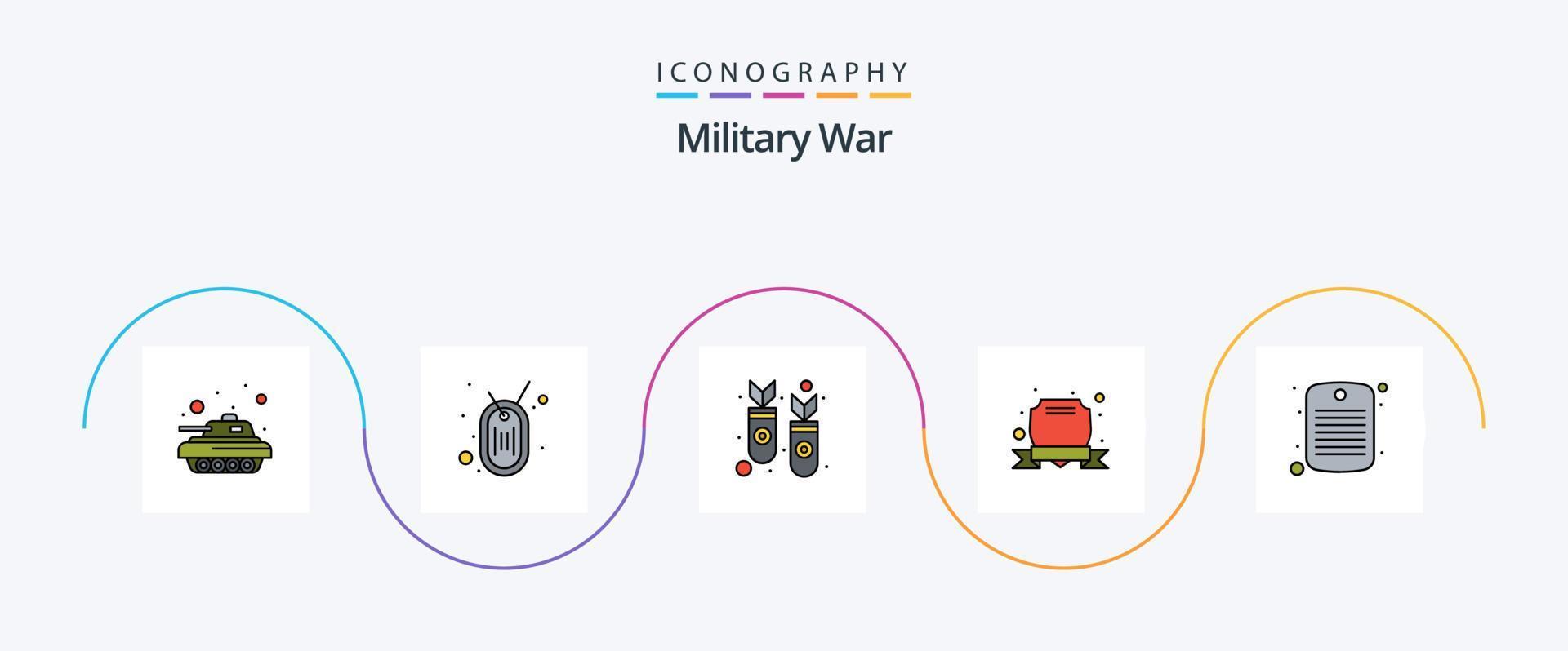 linha de guerra militar cheia de pacote de ícones de 5 planos, incluindo militar. placa. mísseis. escudo. exército vetor