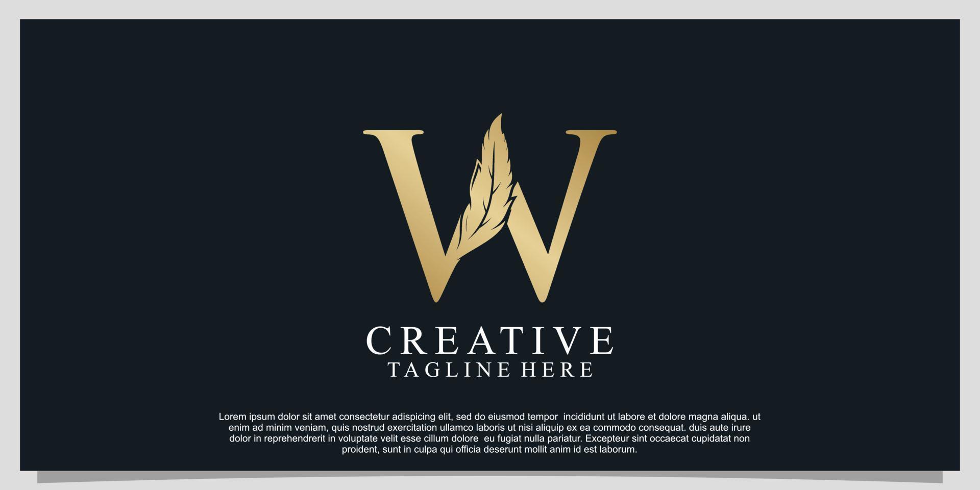 letra dourada w com design de logotipo de combinação de penas exclusivo vetor premium