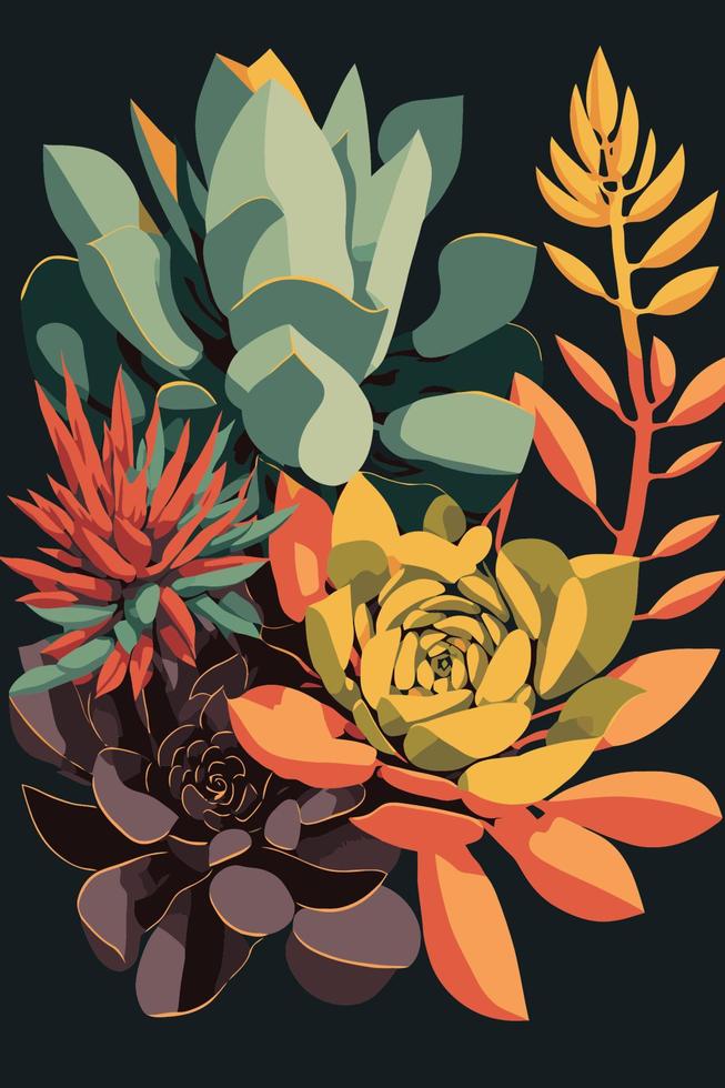 vasos de plantas suculentas cor plana estilo vetorial fundo impressão de arte de cartaz vetor