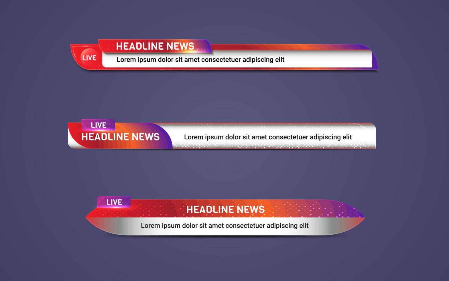 notícias de transmissão inferior terceiro modelo de banner colorido moderno para canal de televisão, vídeo e mídia vetor