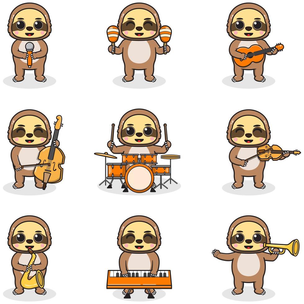 ilustração em vetor de preguiça fofa tocando instrumentos musicais. conjunto de personagens fofos de preguiça. animais de desenho animado tocam música. animais músicos.