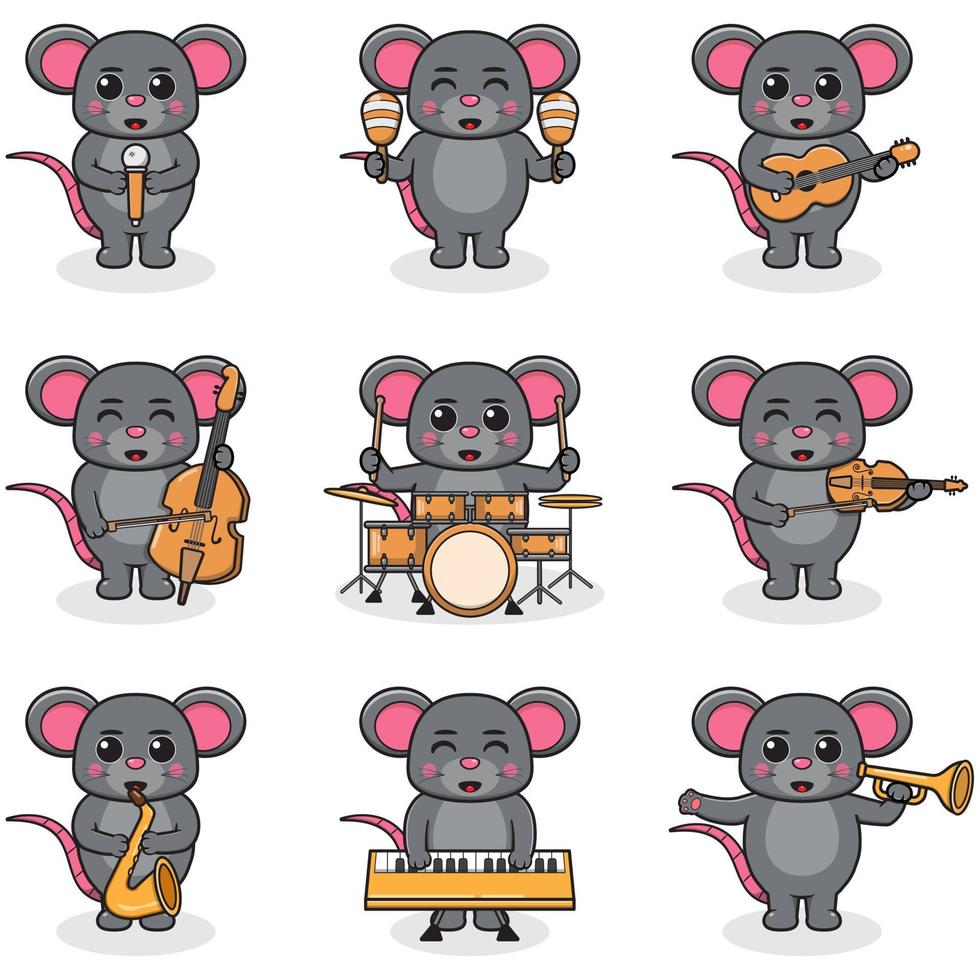 ilustração em vetor de mouse bonito tocando instrumentos musicais. conjunto de personagens fofinhos do mouse. animais de desenho animado tocam música. animais músicos.