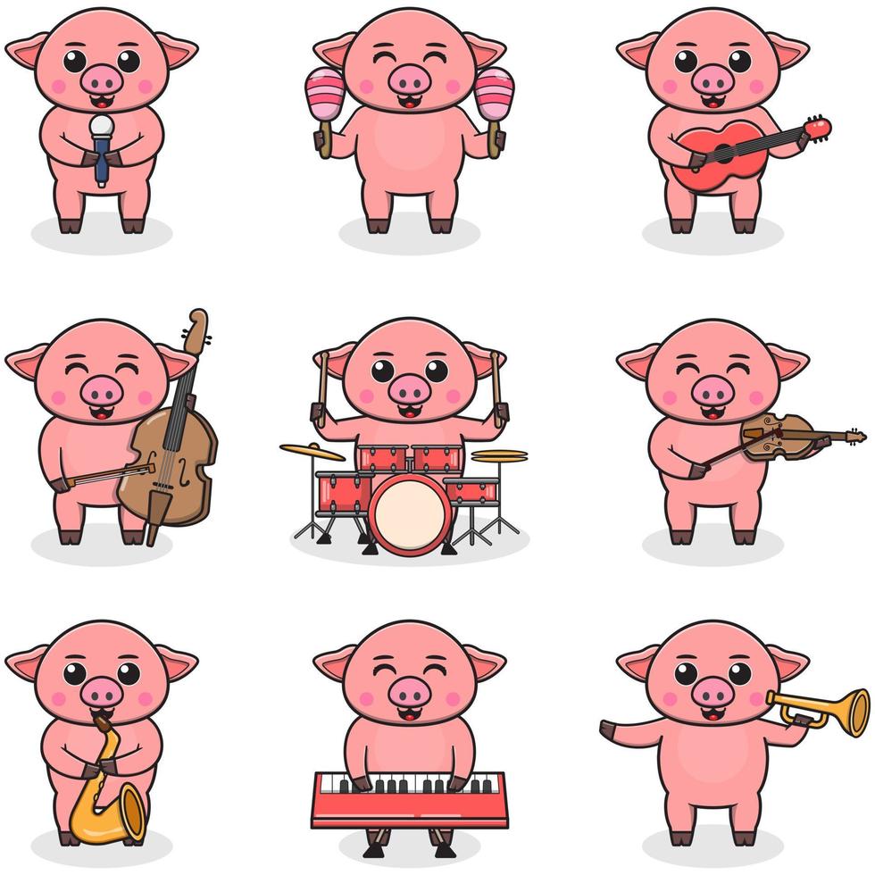 ilustração em vetor de porco bonito tocando instrumentos musicais. conjunto de personagens fofinhos de porco. animais de desenho animado tocam música. animais músicos.