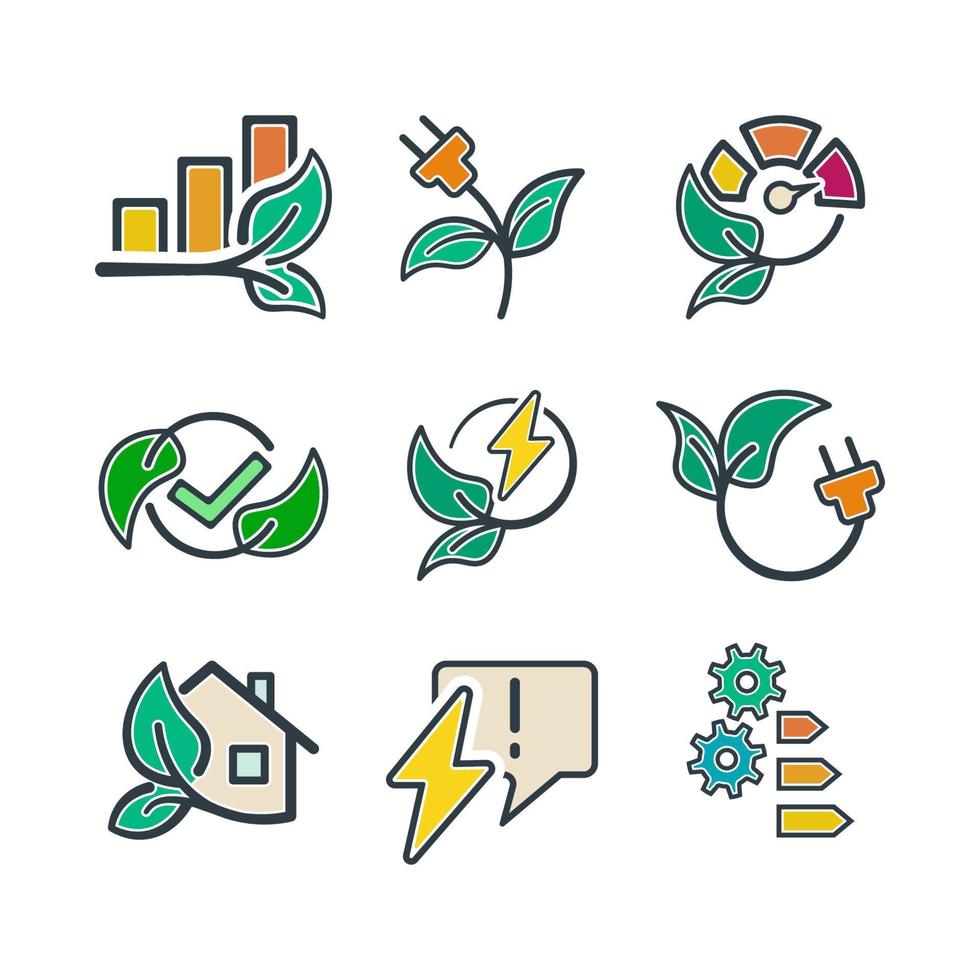 Conjunto de ícones planos de vetores simples relacionados à economia de energia.