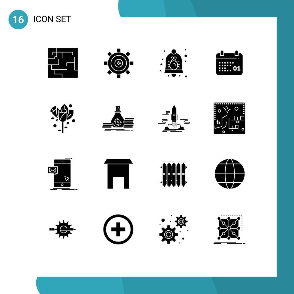 pacote de interface do usuário de 16 glifos sólidos básicos de elementos de design de vetor editável de segurança de calendário de bug de data de flor