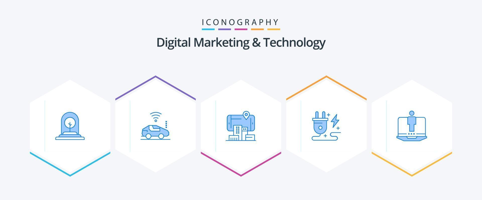 marketing digital e tecnologia 25 pacote de ícones azuis, incluindo laptop. potência. sinal. plugue. aumentado vetor