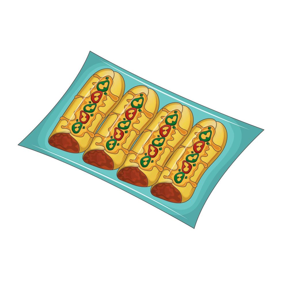 prato mexicano tradicional é enchilados. tortilla de milho fina com recheio. cozinha latino-americana. ilustração vetorial. desenho animado. vetor