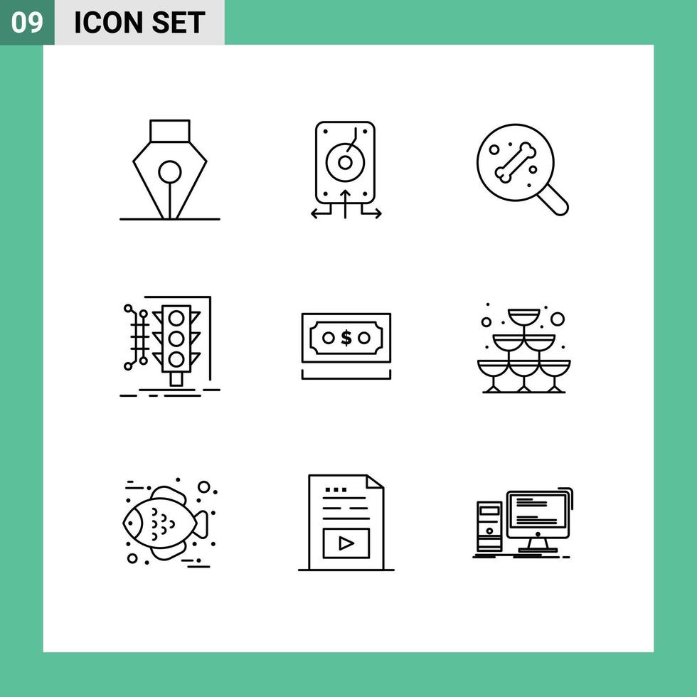 pacote de 9 contornos criativos de elementos de design de vetores editáveis de gerenciamento inteligente de pesquisa de tráfego de dinheiro