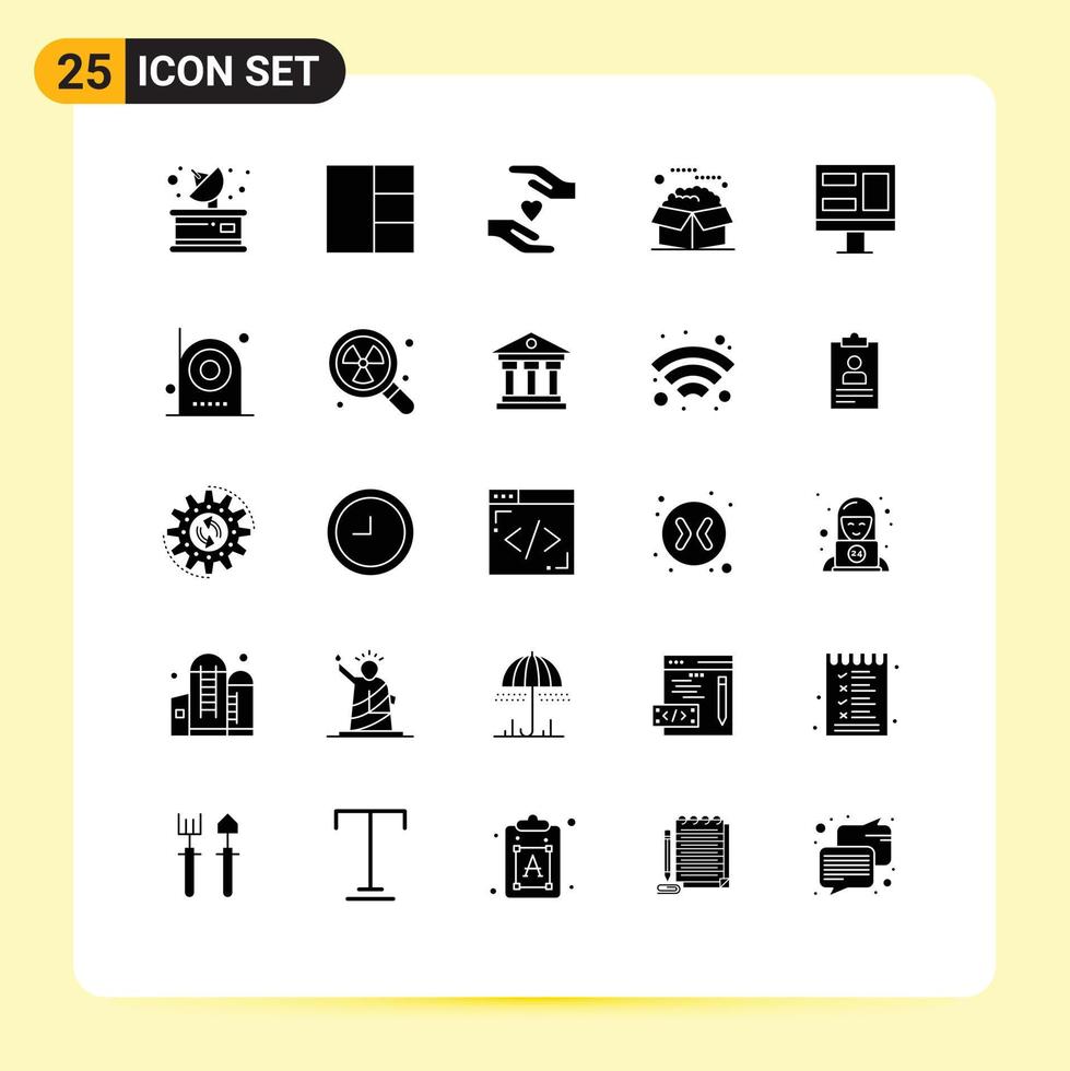 25 conceito de glifo sólido para sites móveis e aplicativos, monitor de câmera, pacotes de tela de amor, elementos de design vetorial editáveis vetor