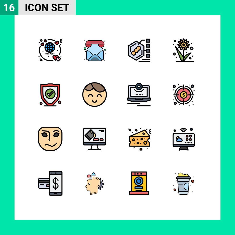 grupo de 16 linhas cheias de cores planas, sinais e símbolos para bactérias de plantas de seguros, vida de flores, elementos de design de vetores criativos editáveis