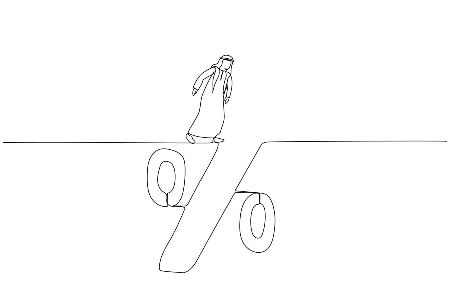 desenho animado do homem árabe olhando para o buraco profundo da armadilha da dívida de porcentagem de empréstimo de juros. estilo de arte de linha contínua única vetor