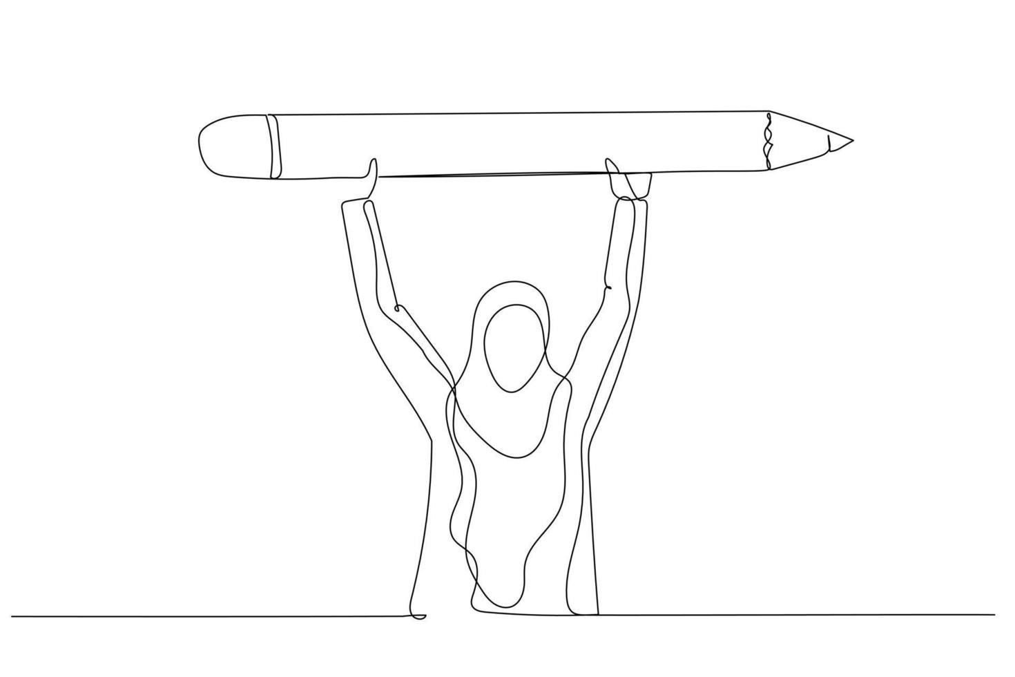 ilustração da mulher muçulmana levanta o conceito de lápis grande de criatividade e educação. estilo de arte de linha contínua única vetor