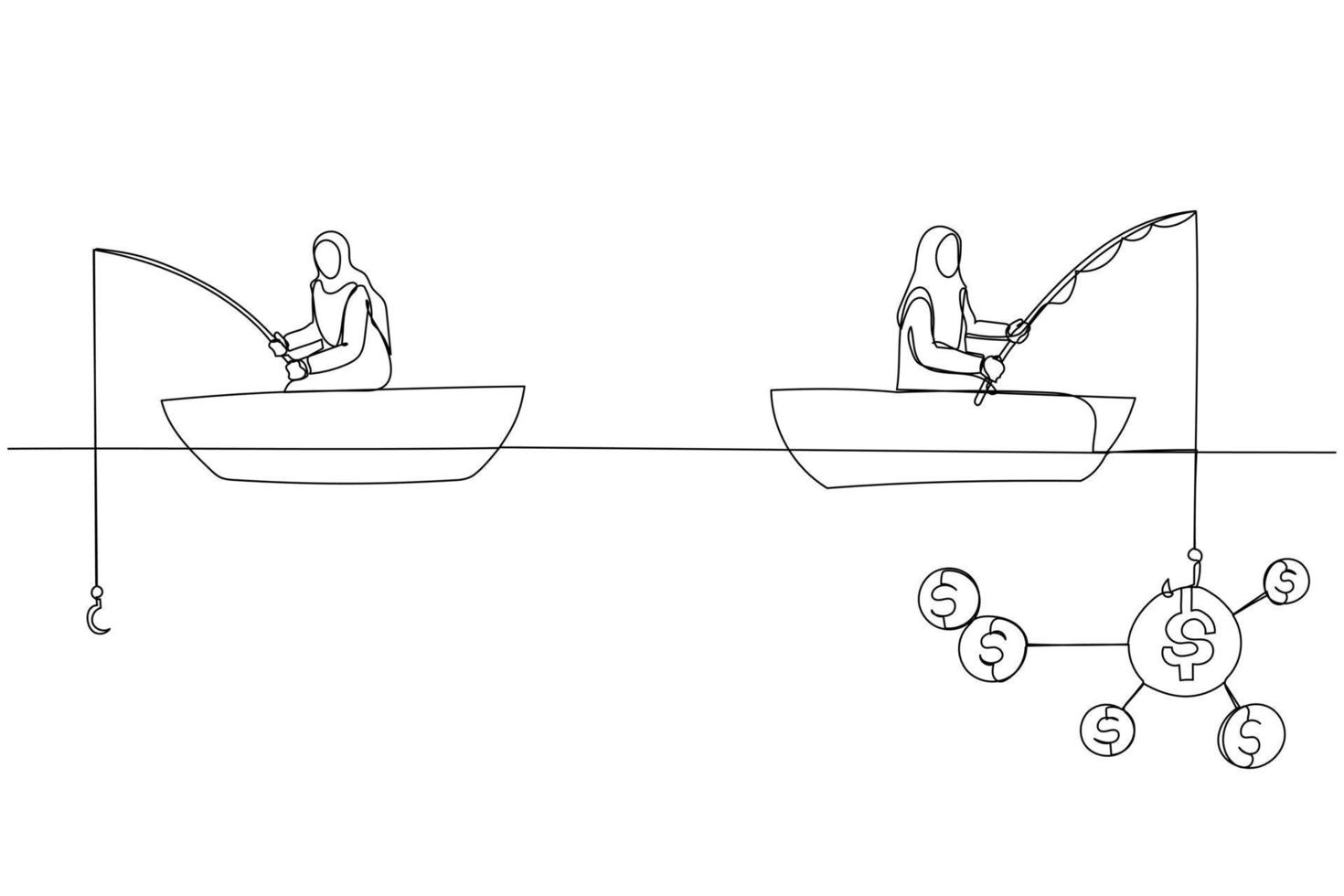 ilustração de dólar de pesca de mulher muçulmana sentado no barco. arte de linha contínua única vetor