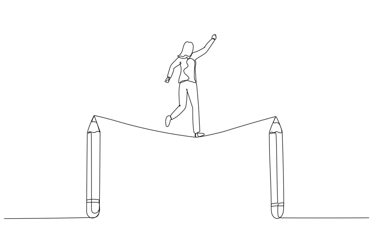 desenho animado da empresária anda na corda bamba entre o conceito de lápis de luta na criatividade. arte de linha contínua única vetor