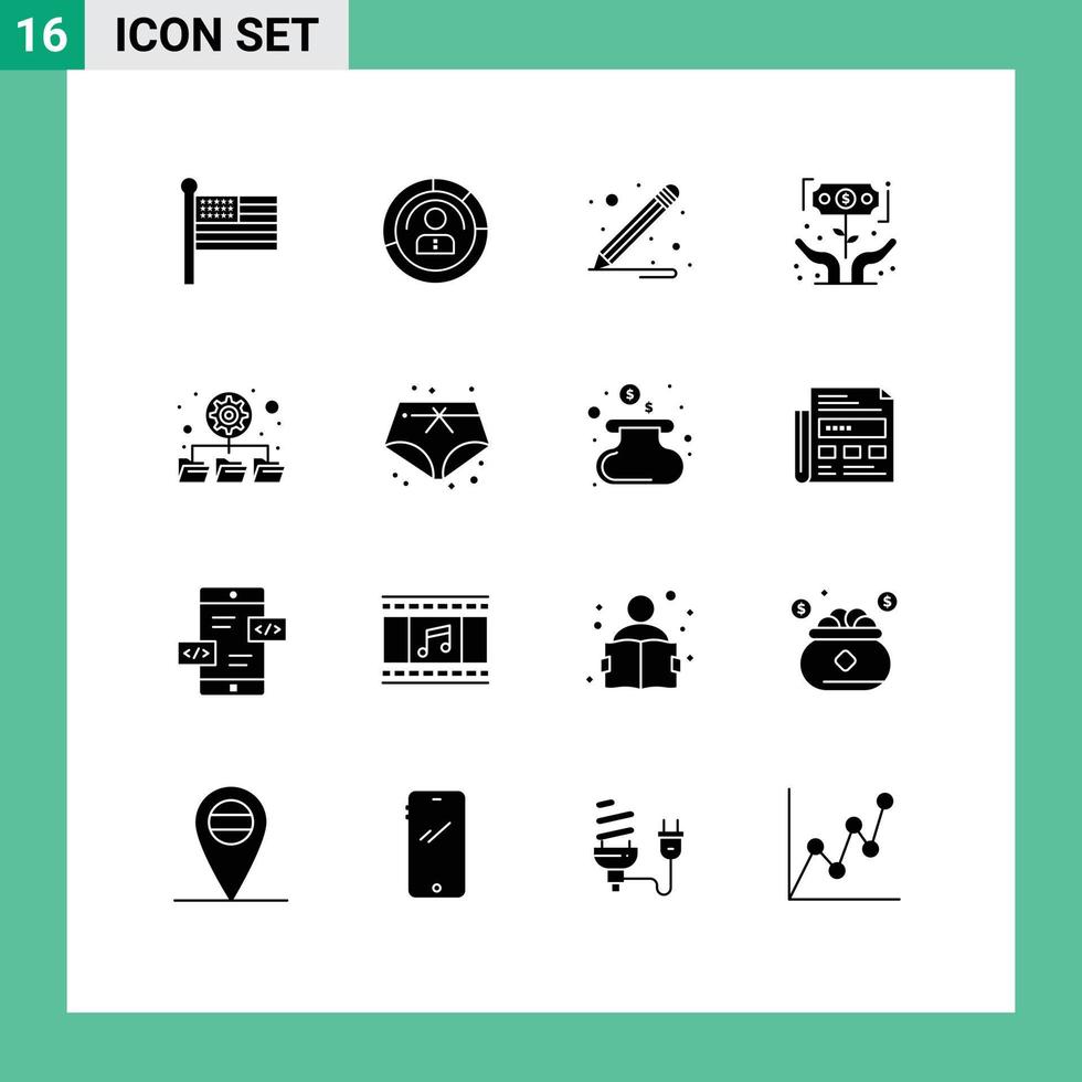 16 conceito de glifo sólido para sites móveis e aplicativos, investimento em dinheiro, material escolar de crescimento pessoal, elementos de design vetorial editáveis vetor