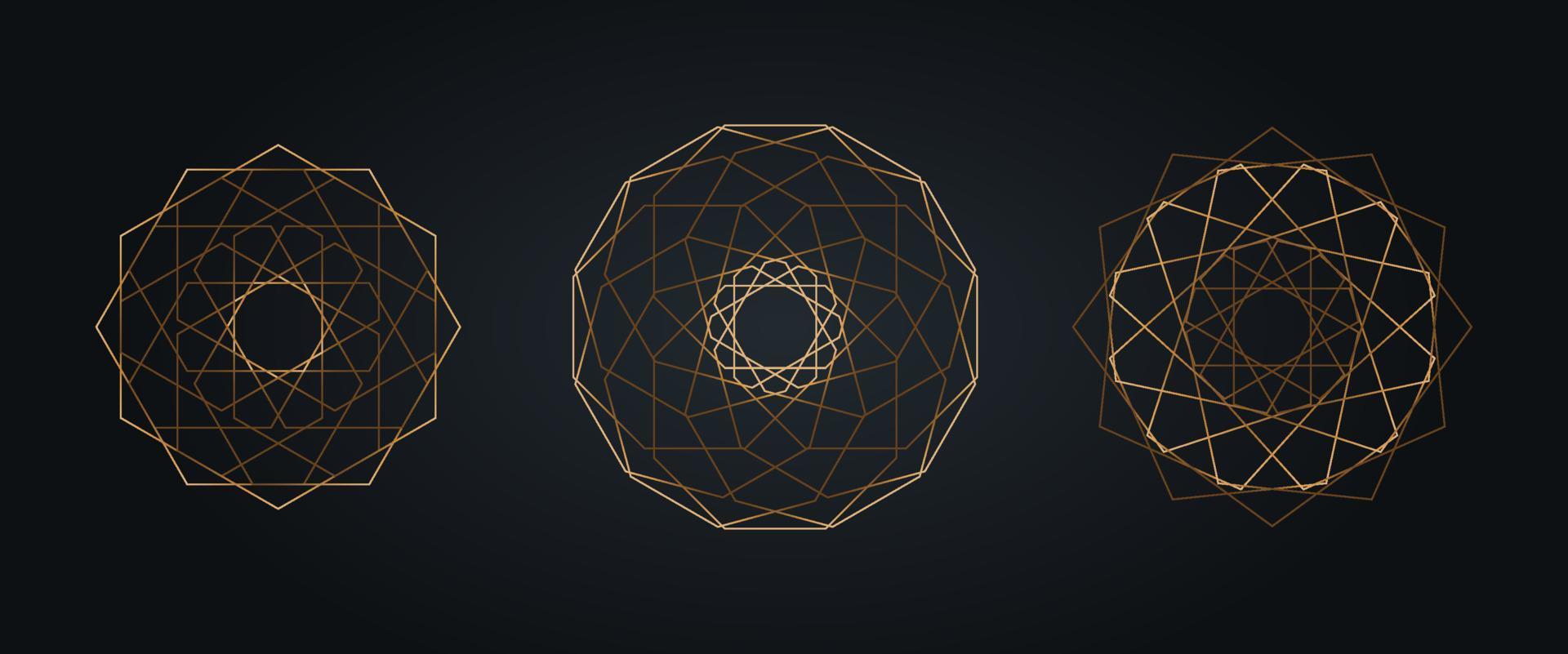 definir mandala sagrada de ouro, conceito de logotipo de mandala de círculo dourado geométrico abstrato luxuoso conjunto de pacotes, geometria sagrada isolada em fundo preto vetor