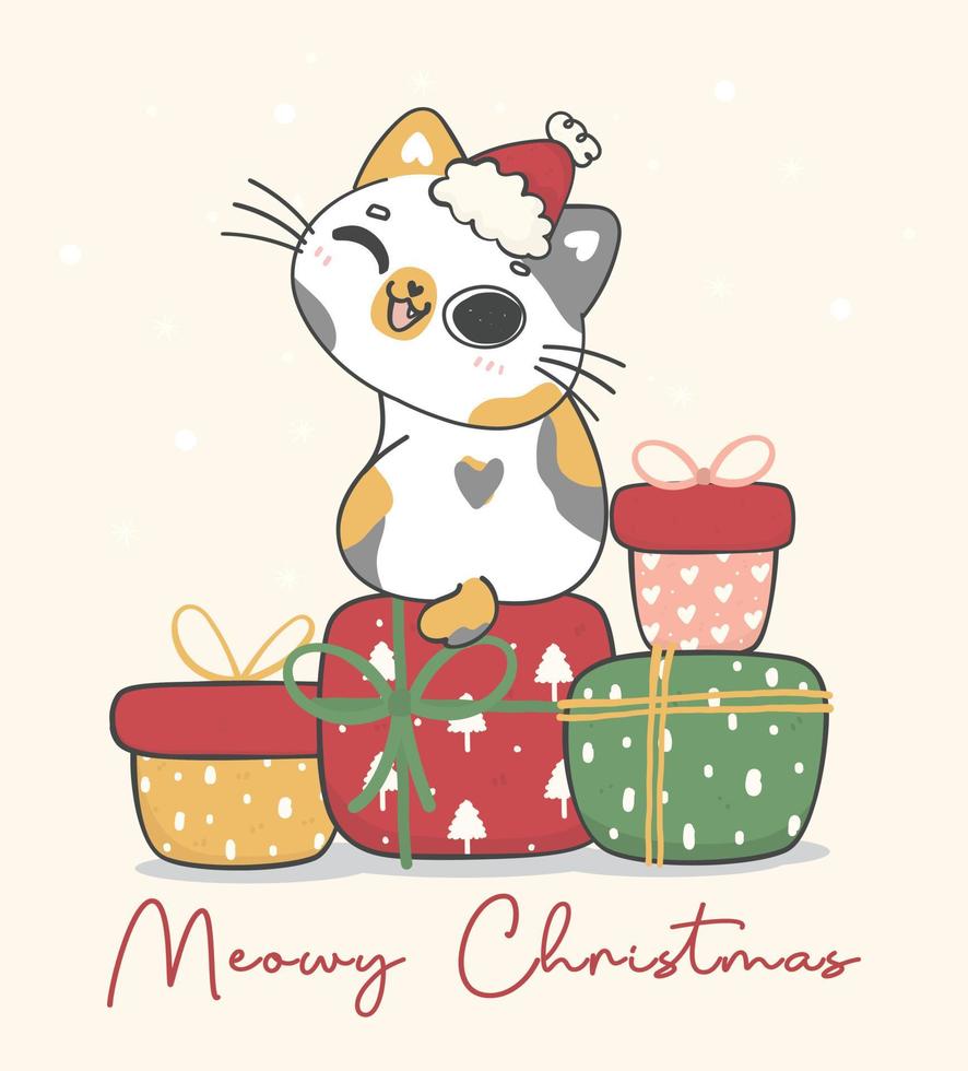 lindo gatinho malcriado e feliz sentado em caixas de presente empilhadas, personagem animal de desenho animado de natal meowy desenho à mão doodle ideia de vetor para cartão de felicitações