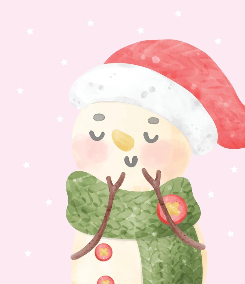 bonito boneco de neve de natal personagem de chapéu de papai noel cartão de saudação desenho em aquarela pintura à mão vetor de ilustração