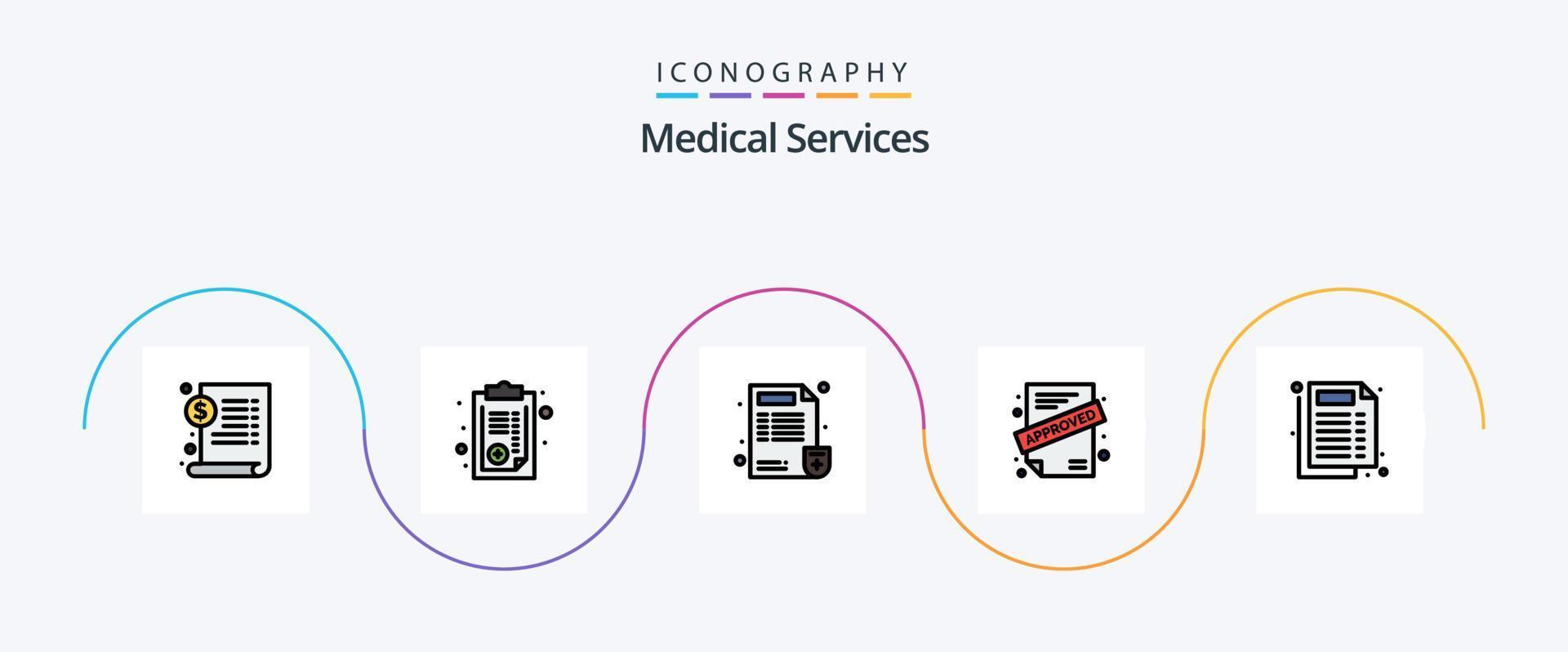 linha de serviços médicos preenchido pacote de ícones plana 5 incluindo documento. médico. falsificar. contrato. inscrição vetor