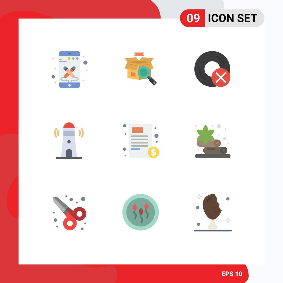 conjunto de cores planas de interface móvel de 9 pictogramas de computadores de farol de documento que constroem elementos de design de vetores editáveis de hardware