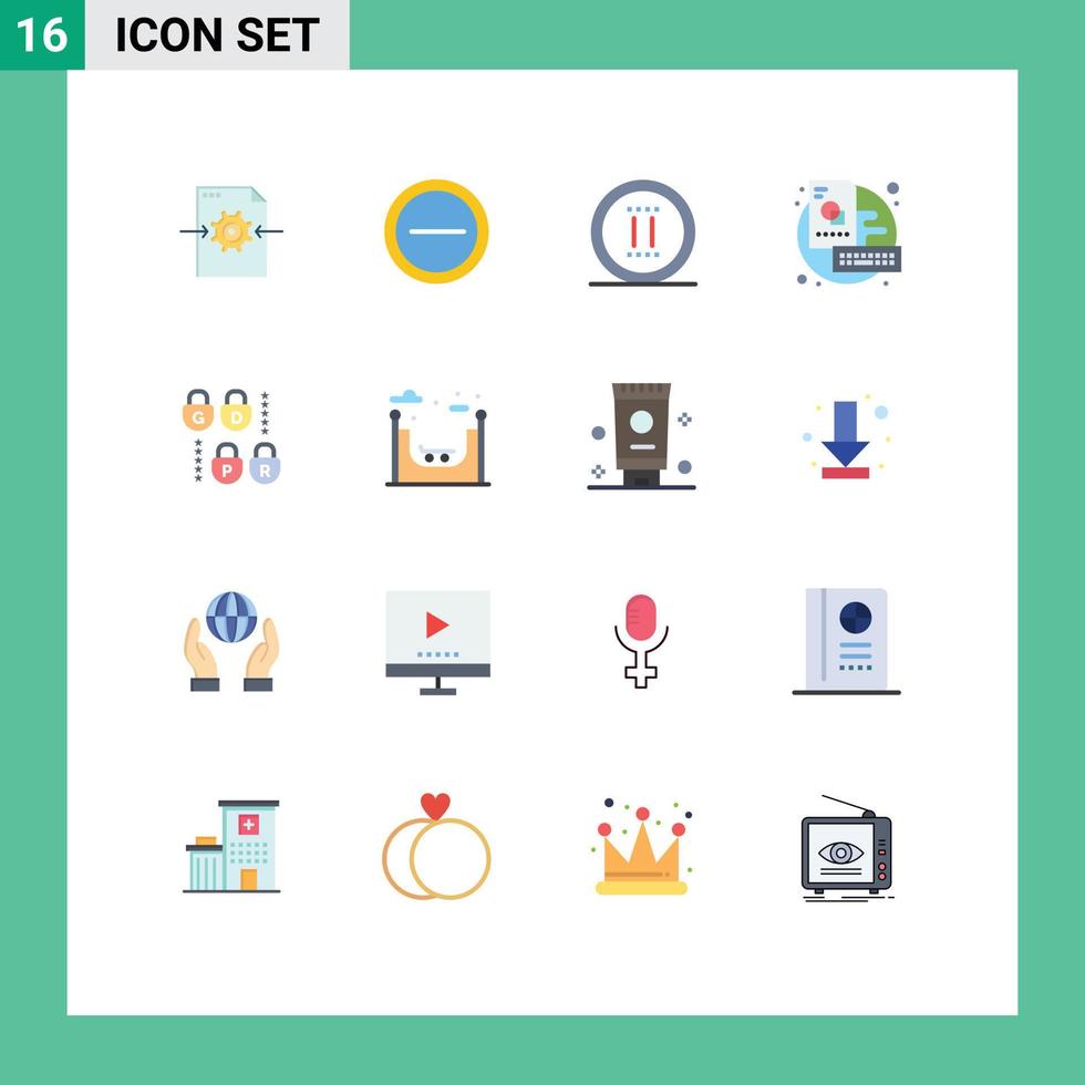 conjunto moderno de pictograma de 16 cores planas de pacote editável de chave criativa de escritório gdpr de segurança de elementos de design de vetores criativos