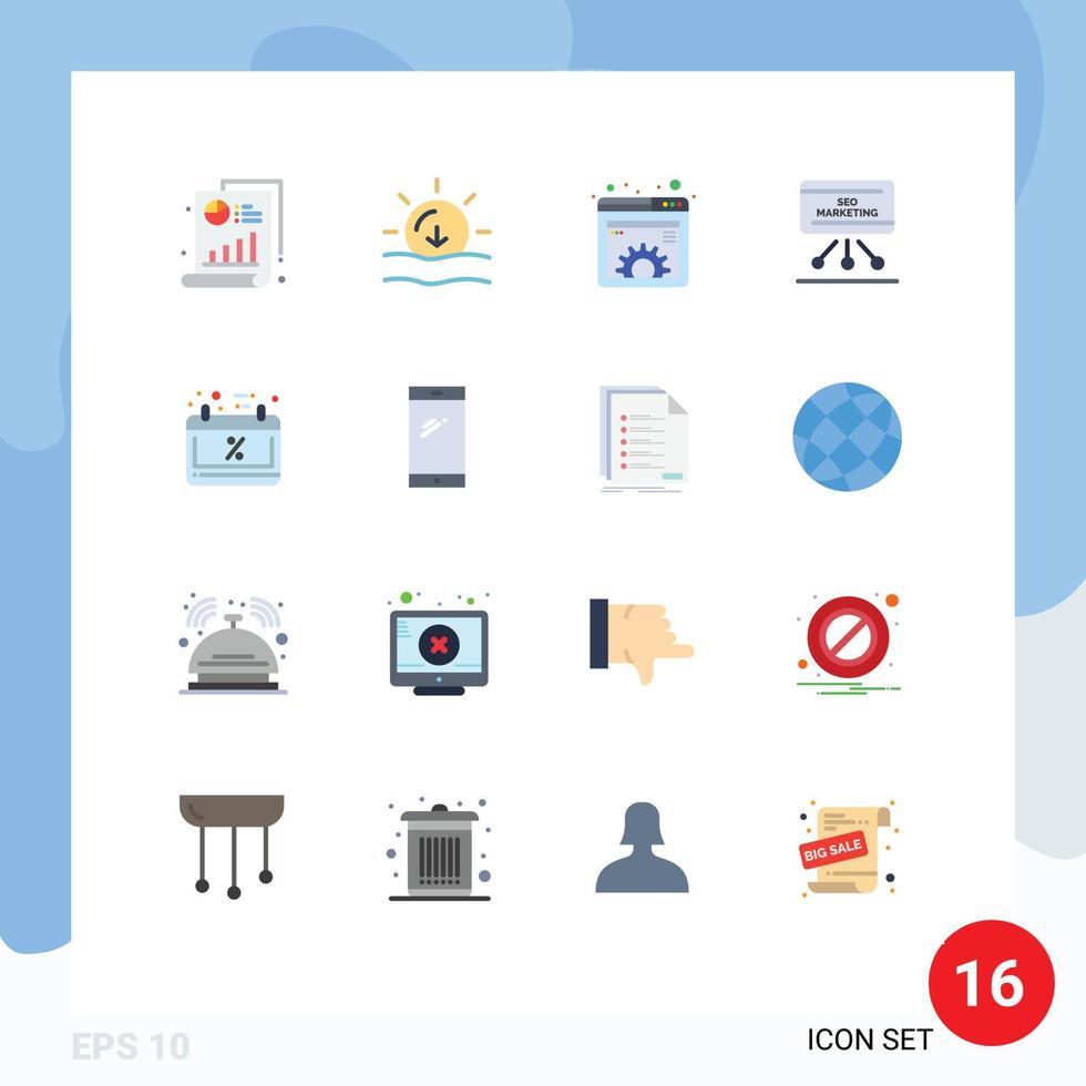 conjunto de pictogramas de 16 cores planas simples de apresentação de reunião, marketing de conteúdo, pacote editável na web de elementos de design de vetores criativos