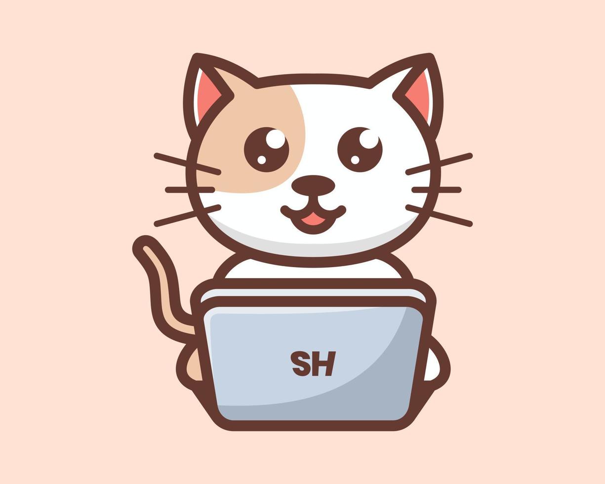 gatinho fofo gato gatinho engraçado desenho alegre mascote laptop notebook ilustração design de logotipo de vetor