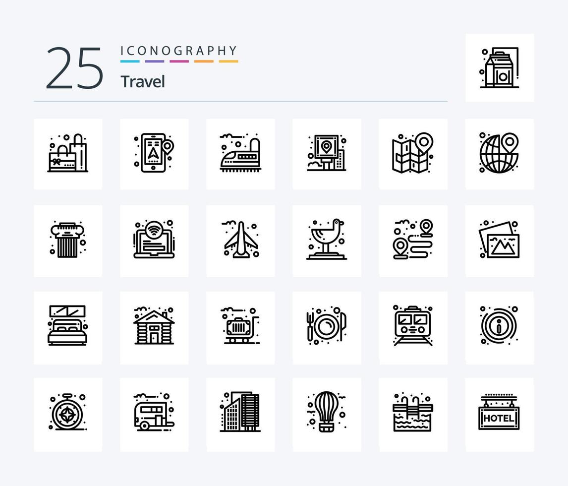 pacote de ícones de 25 linhas de viagem, incluindo mapa. rota. estrada de ferro. publicar. orientar vetor