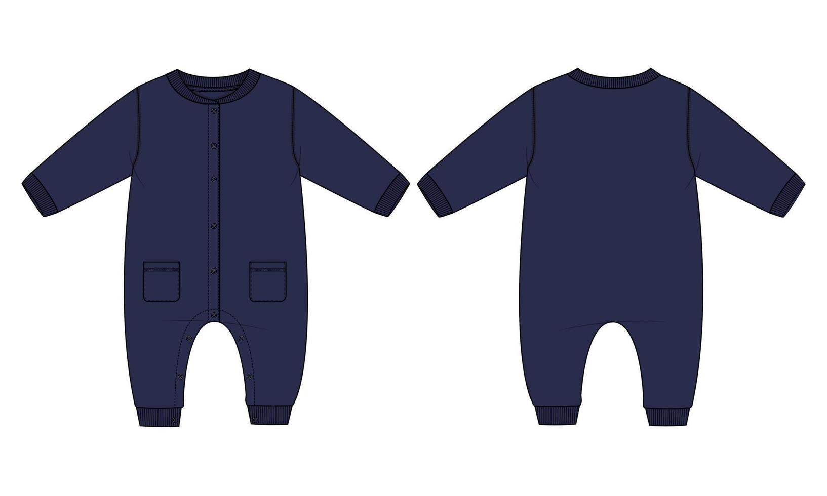 macacão de macacão de bebê moda técnica desenho plano modelo de ilustração vetorial vista frontal e traseira vetor