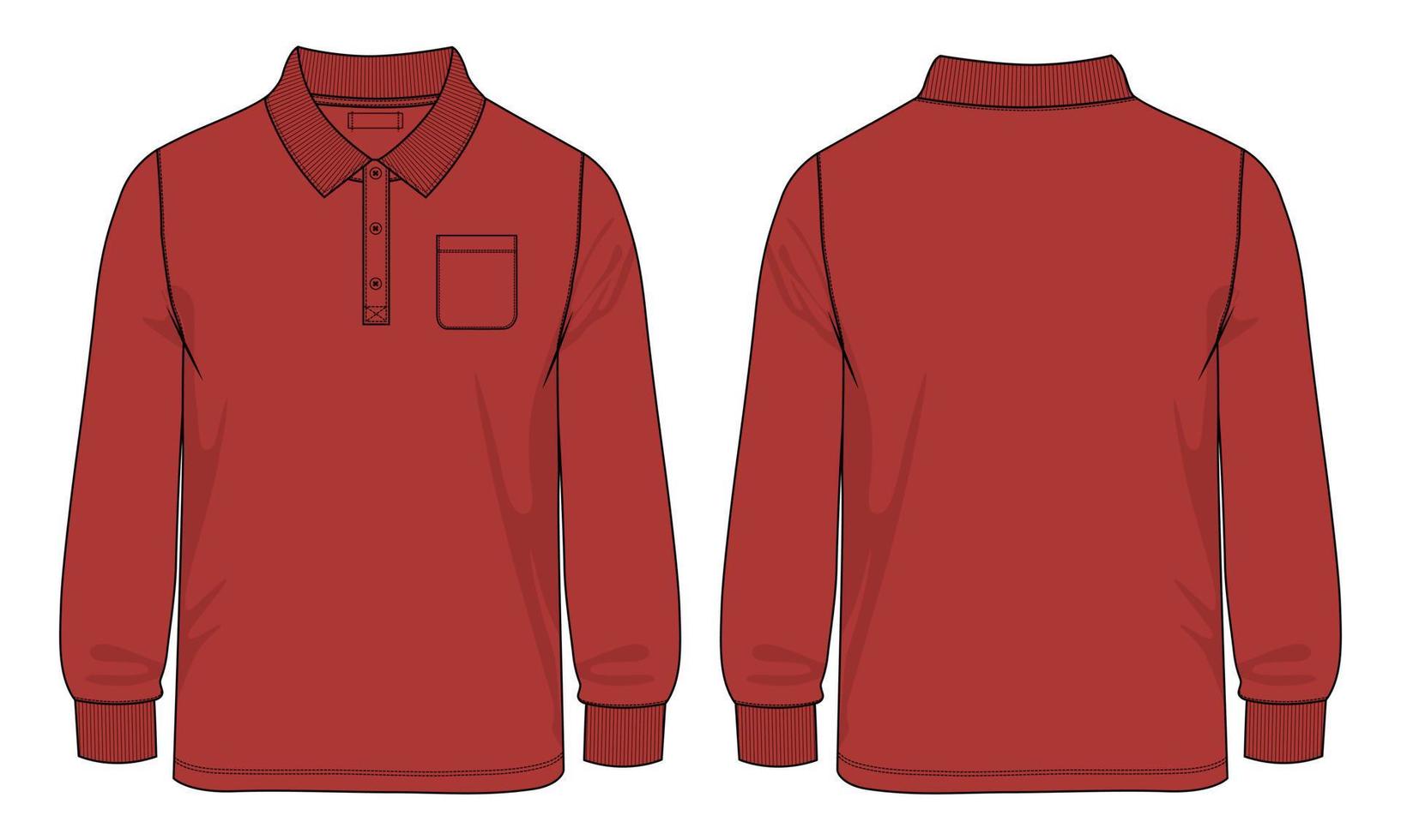 camisa polo de manga comprida com bolso técnico moda esboço plano ilustração vetorial modelo vistas frontal e traseira. vetor