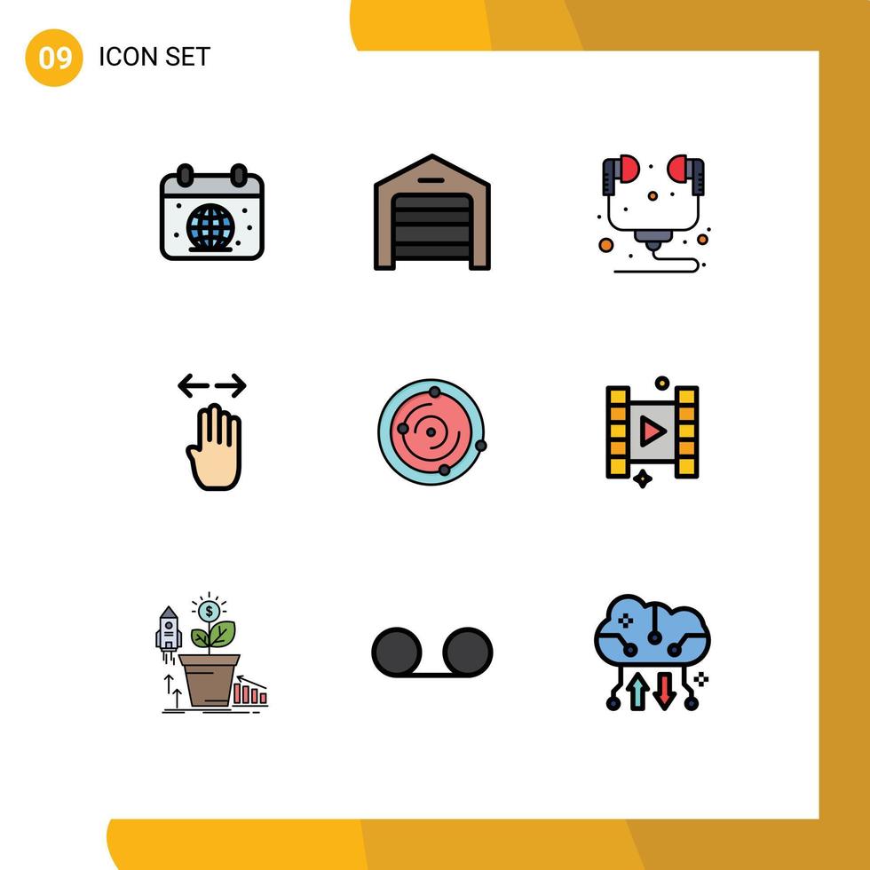 grupo de 9 sinais e símbolos de cores planas de linha preenchida para elementos de design de vetor editável de fone de ouvido de mão de armazém de dedo direito