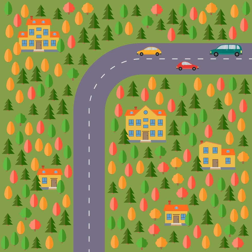 plano de aldeia. paisagem com a estrada, floresta, carros e casas. ilustração vetorial vetor