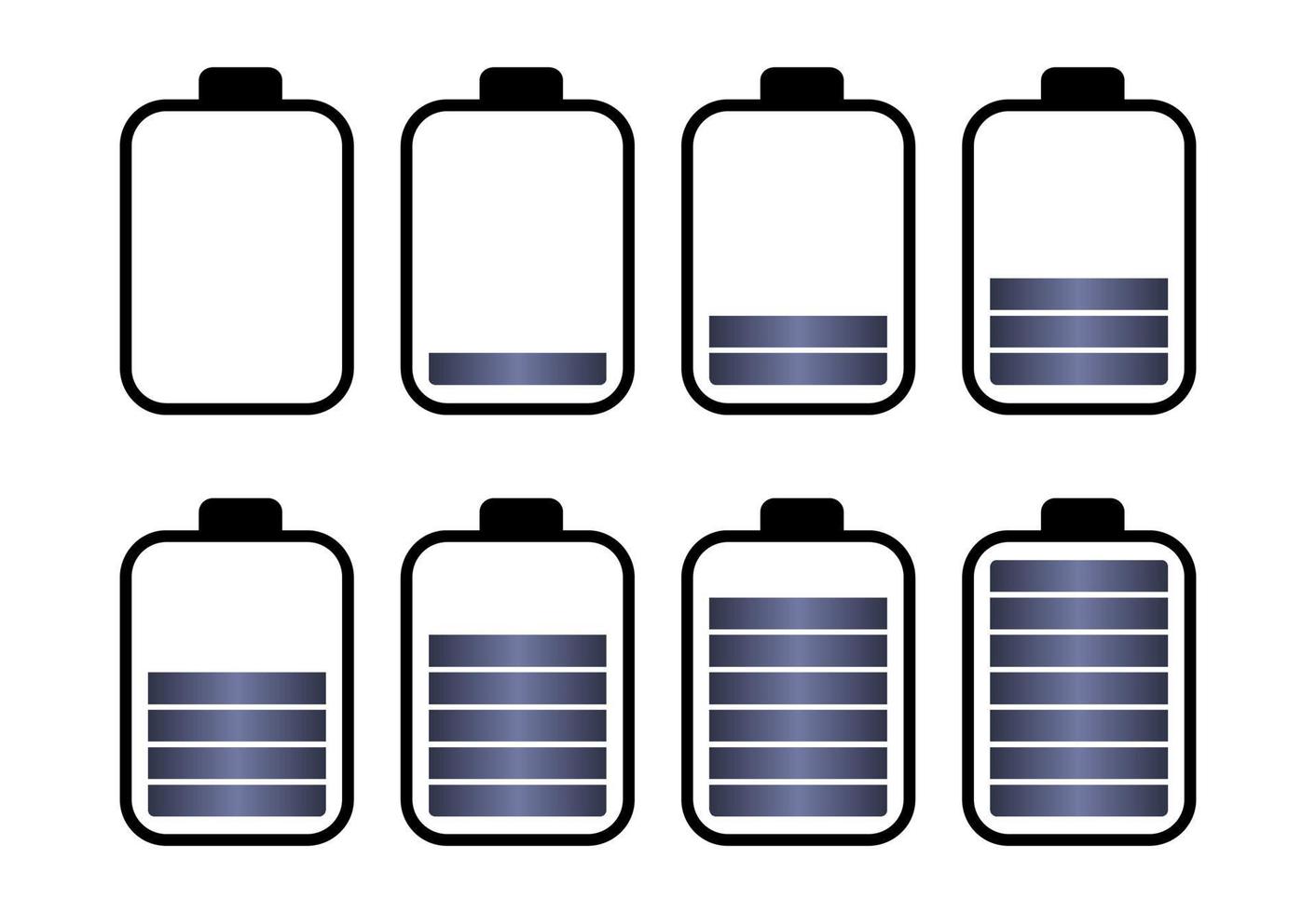 um conjunto de oito baterias com diferentes indicadores de carga. ilustração vetorial vetor