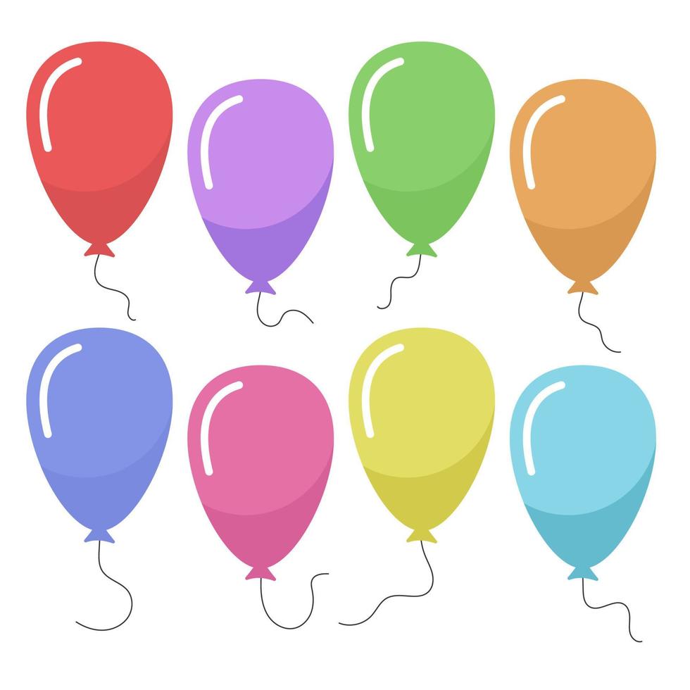 conjunto de oito balões coloridos com uma corda isolada no fundo branco. ilustração vetorial vetor