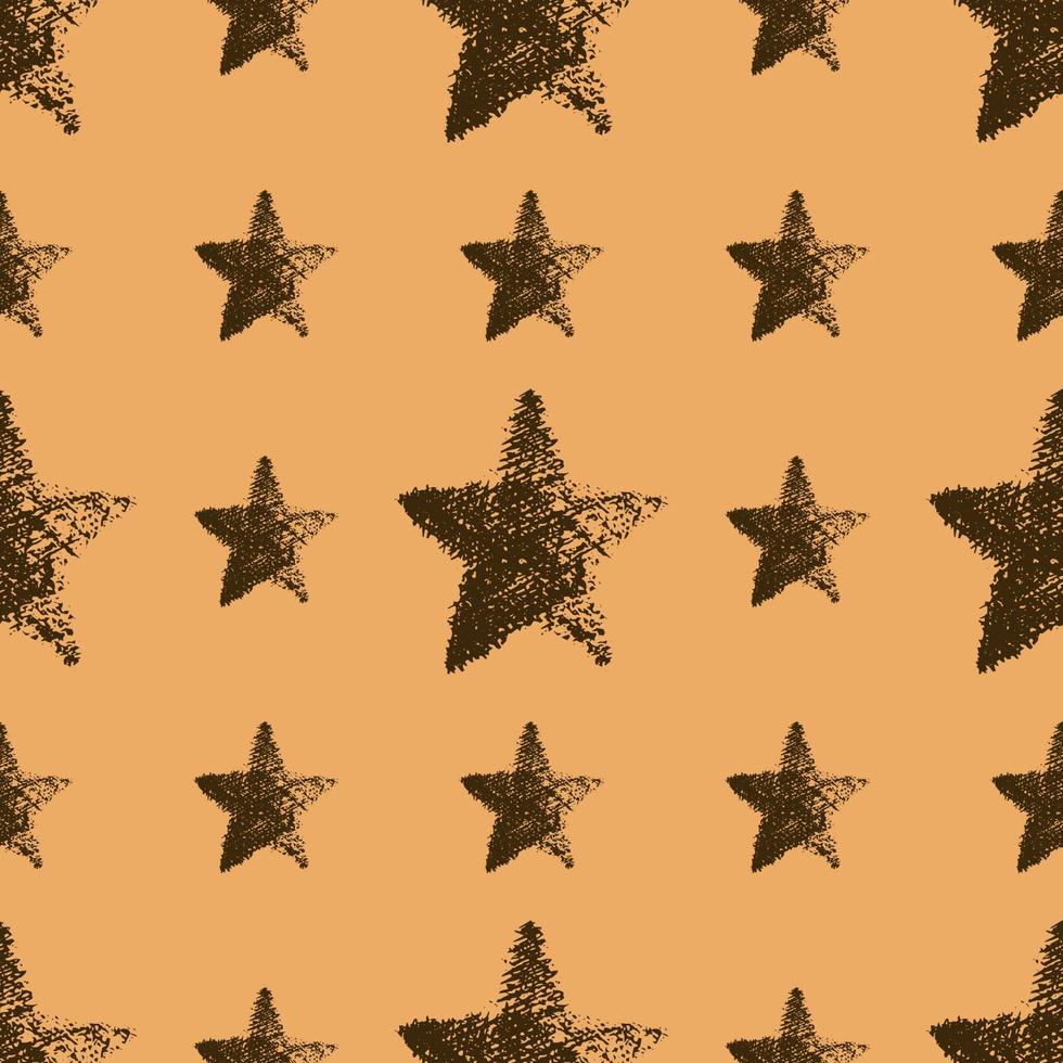 padrão perfeito com estrelas marrons desenhadas à mão em fundo laranja. textura abstrata do grunge. ilustração vetorial vetor