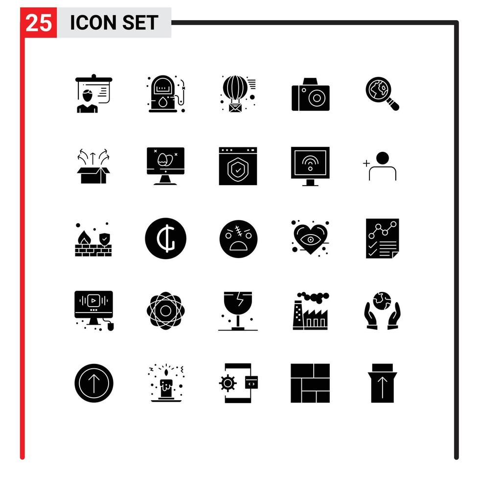 grupo de símbolos de ícone universal de 25 glifos sólidos modernos de lupa ecommerce e-mail estúdio câmera editável vetor elementos de design