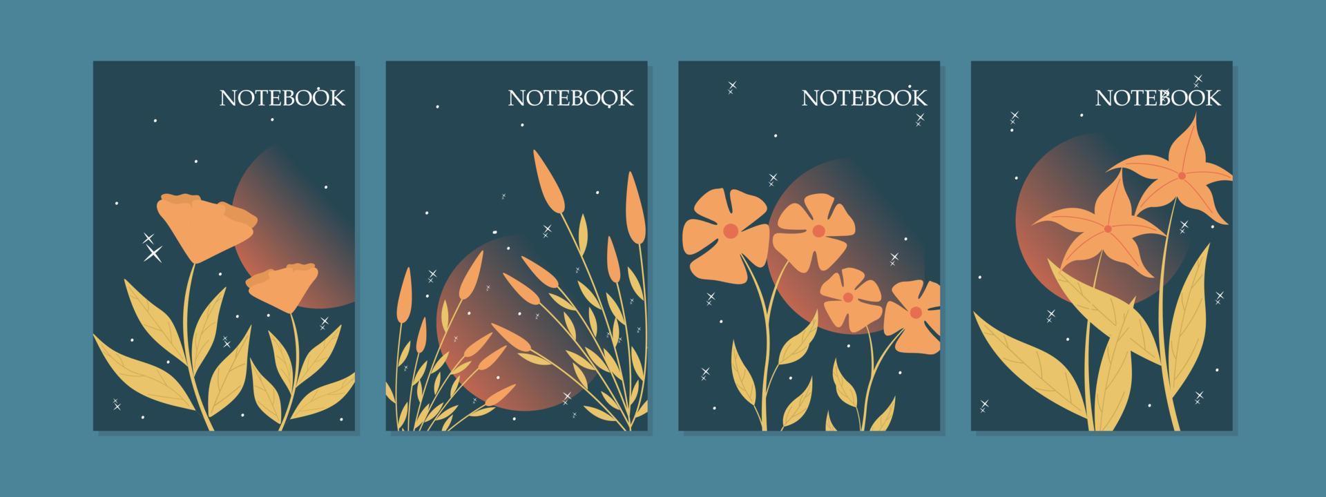 conjunto de designs de capa de livro com decorações florais desenhadas à mão. fundo de cor azul do tema da noite. tamanho a4 para cadernos, planejadores, brochuras, livros, catálogos vetor