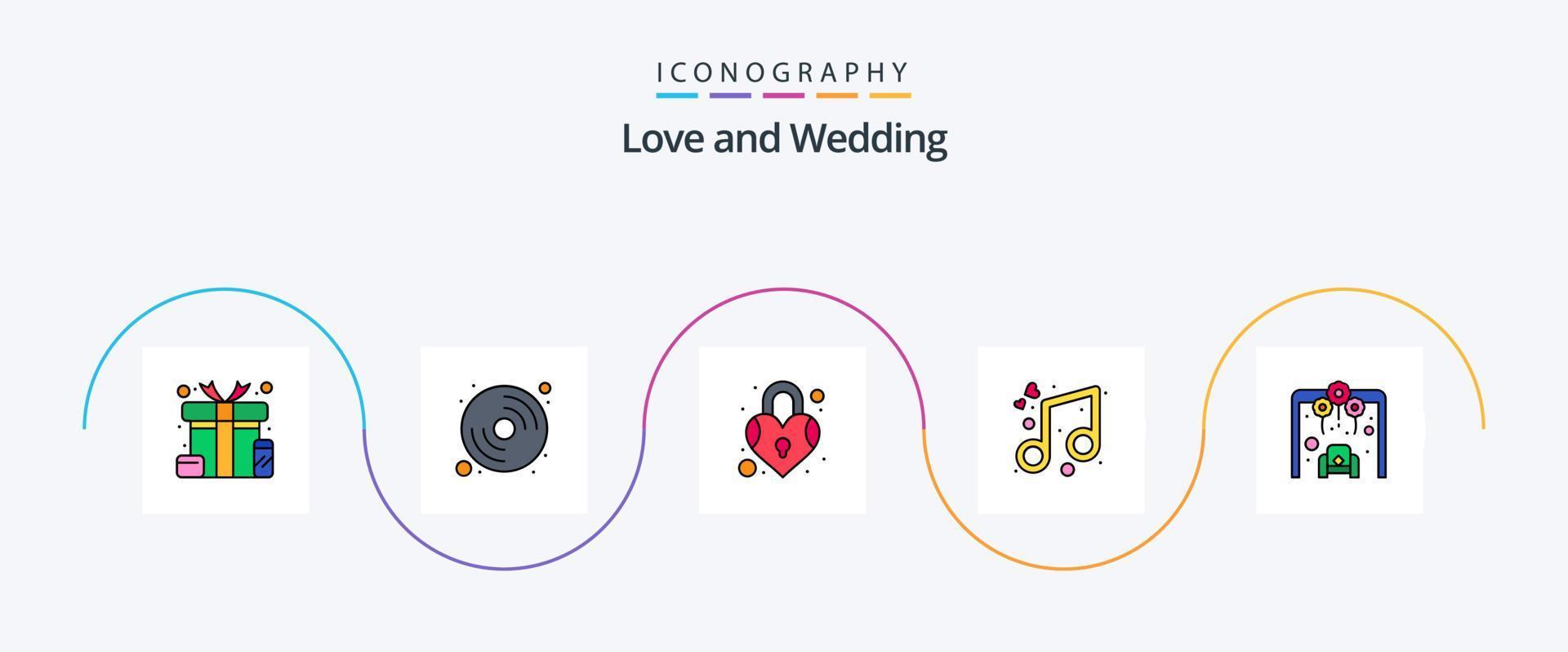 linha de casamento cheia de pacote de 5 ícones planos, incluindo área de estar. Ame. Ame. arco. Festa vetor