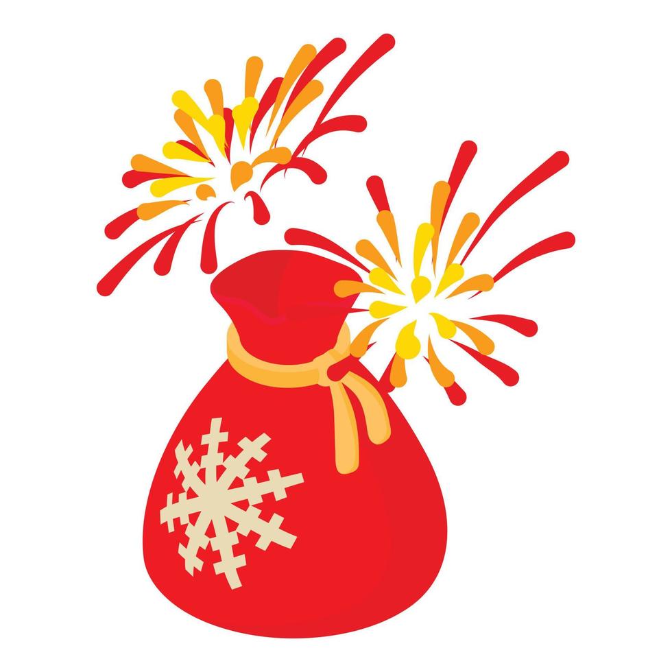 vetor isométrico de ícone de férias de inverno. grande saco vermelho de papai noel sob fogos de artifício de ano novo