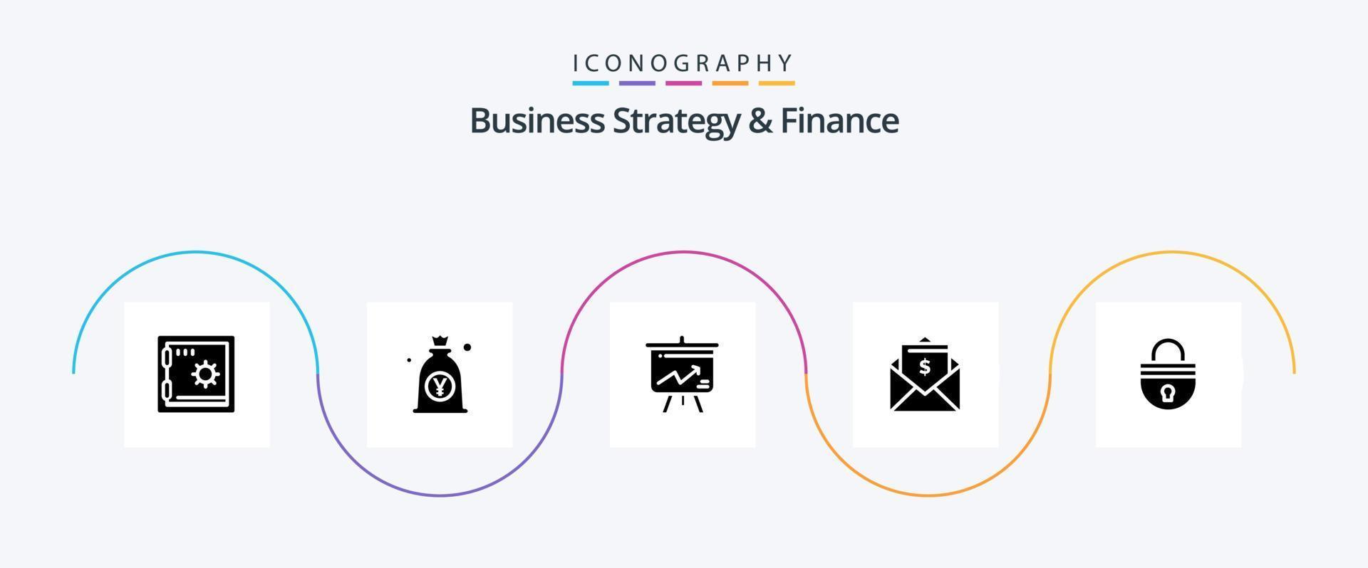 estratégia de negócios e pacote de ícones de glifo 5 de finanças, incluindo dinheiro. dinheiro . borda. exibição vetor