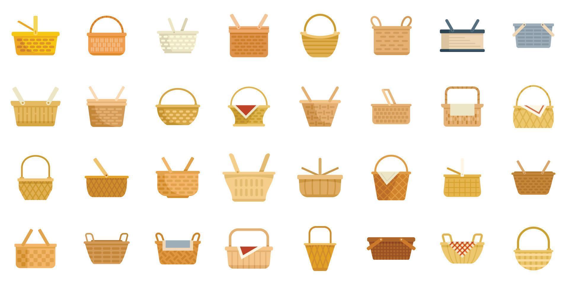 ícones de cesta de piquenique definir vetor plana. cesta de frutas
