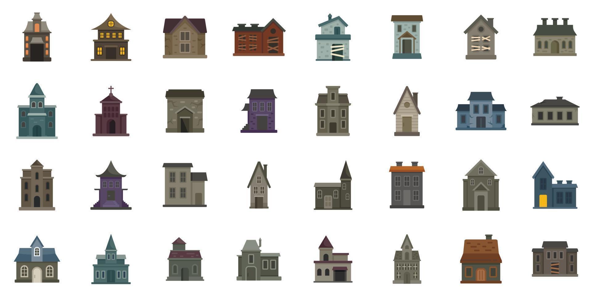 ícones de casa assustadora definir vetor plana. castelo assustador
