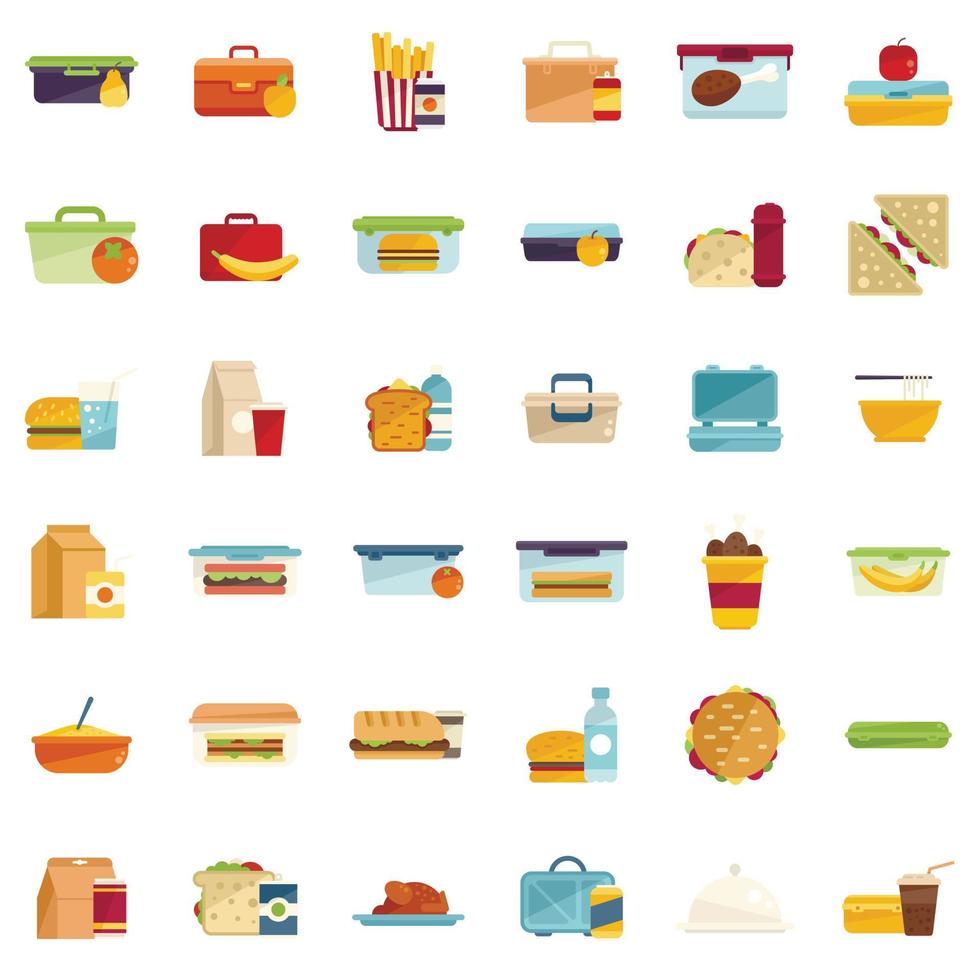 ícones de almoço definir vetor plana. bandeja de comida
