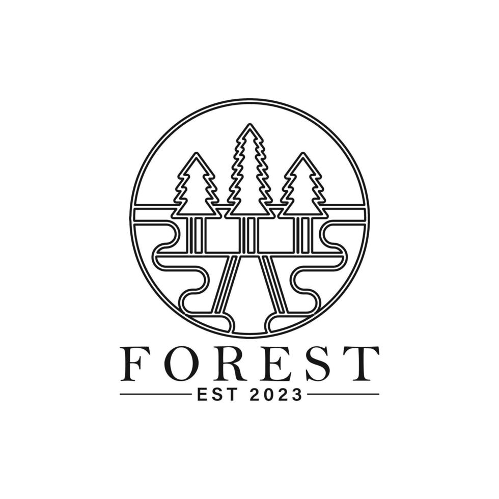 distintivo de arte de linha de logotipo de marca de acampamento florestal, impressão de camiseta vetor