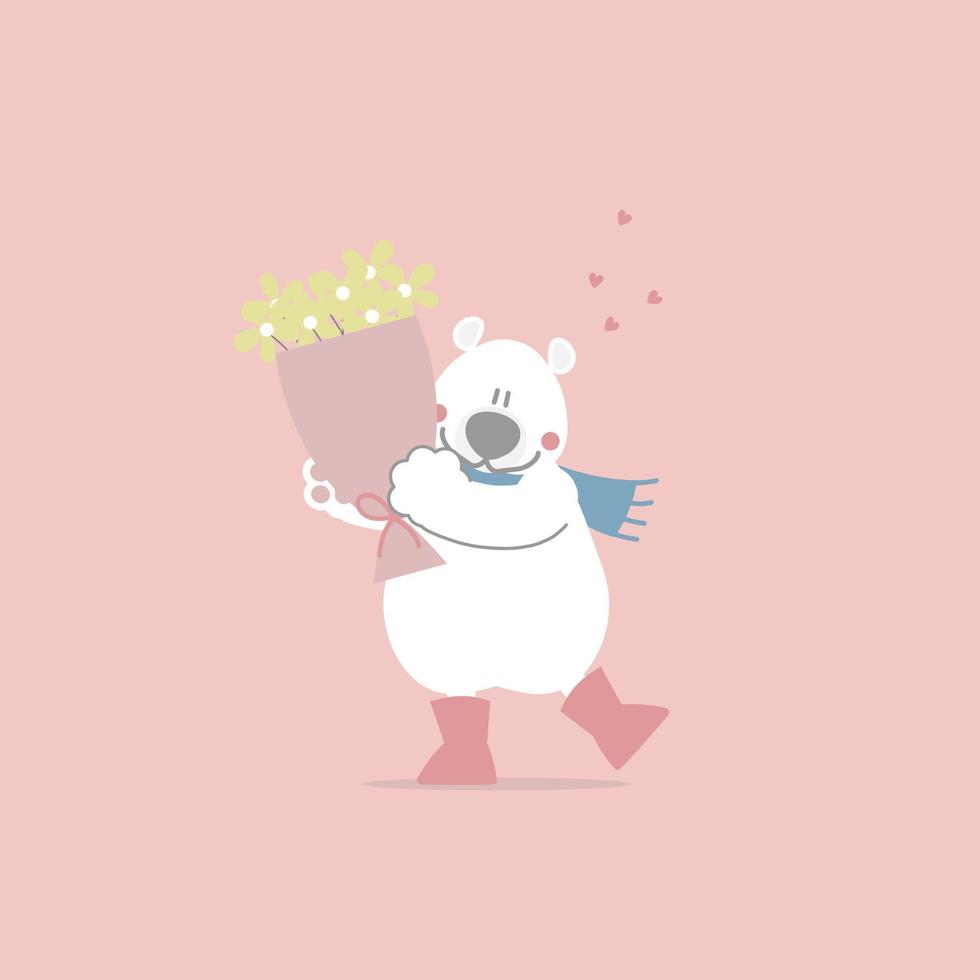 bonito e adorável urso polar branco desenhado à mão com flor, feliz dia dos namorados, conceito de amor, design de figurino de personagem de desenho animado de ilustração vetorial plana vetor